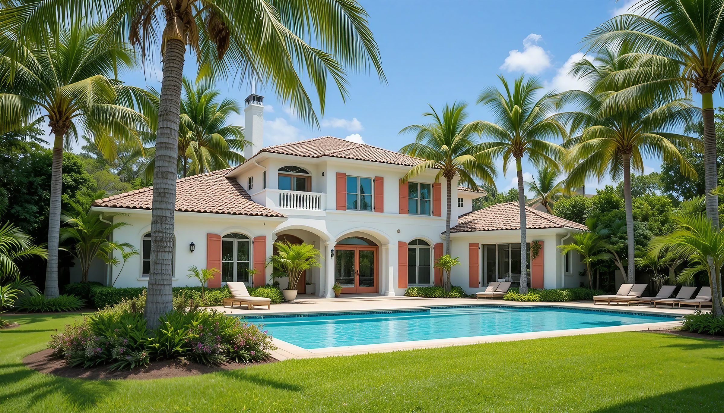 White Mediterranean-style villa nestled in lush landscaping